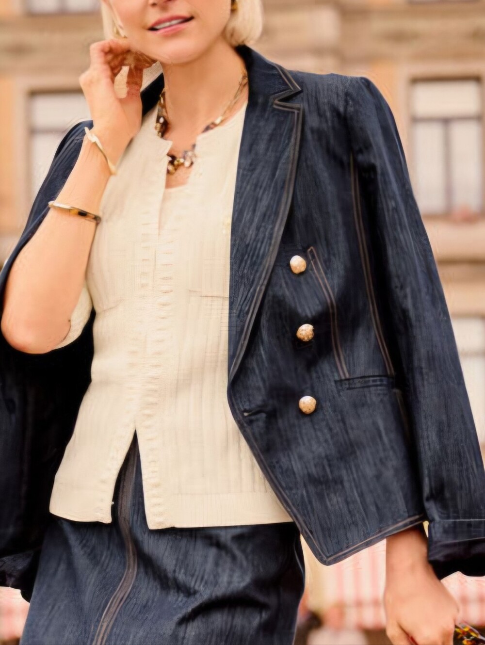Talbots Dark Navy Double-Breasted Denim Blazer with Gold Buttons Size 10p